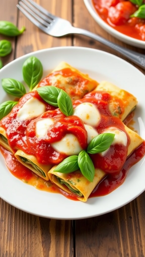 Cheesy spinach lasagna roll-ups topped with marinara sauce and mozzarella, garnished with basil on a rustic table.